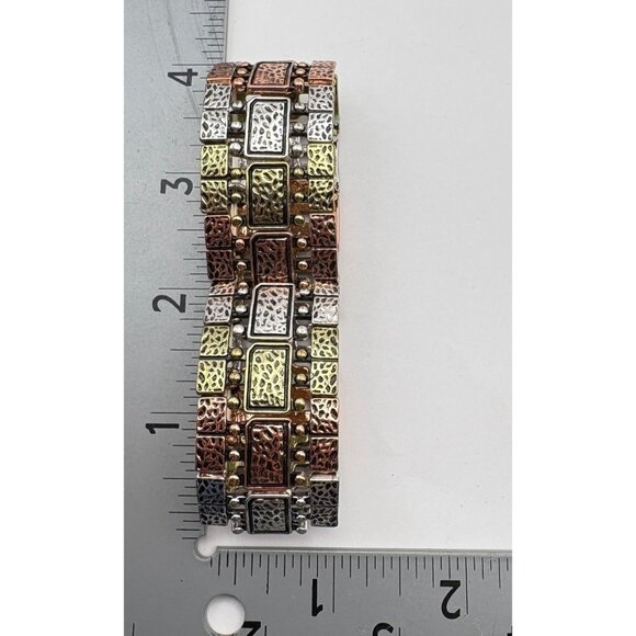 Tri Tone Metal Stretch Bracelet with Textured Panels Copper Silver Gold Tones - Picture 5 of 7